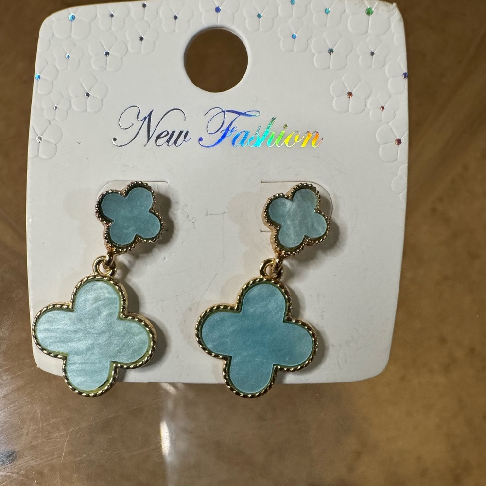 Gold and Blue Clover Earrings